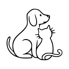 cute dog and cat friendship vector illustration in minimalist line art