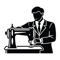 Tailor Working with Sewing Machine Silhouette Illustration