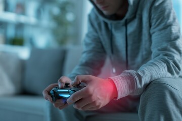 Gamer holding controller with highlighted wrist pain, concept of carpal tunnel syndrome, gaming injury, and hand strain