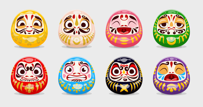 Japanese daruma dolls with Bodhidharma monk face, vector Buddhist temple good luck charms. Cartoon red, black, green and pink, white, golden, blue and purple daruma dolls. Traditional toys for wishing