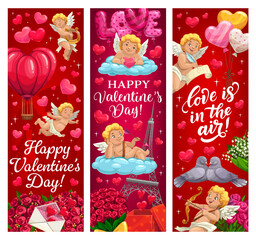 Obraz premium Happy Valentine Day vector greeting banners. Cartoon romantic love holiday gift boxes, heart balloons and flowers, Cupid angels and cherub characters, Valentines Day love cards or greeting banners set