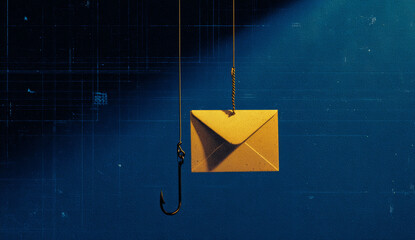 Fishing hook with a yellow envelope hanging on it, suspended in water with a dark blue background