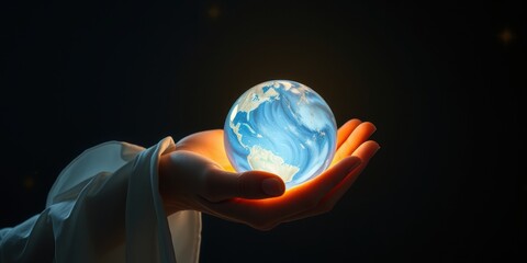 A person gently holds a glowing blue representation of the Earth in their hand against a dark and mysterious background