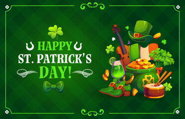 Happy St Patrick's day greeting card or flyer. Spring festival vector flyer, Irish holiday banner. Saint Patrick poster with violin, gold cauldron, ale, leprechaun hat and boots, shamrock clover leaf