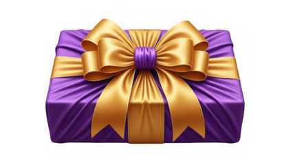 A purple gift box wrapped with a large golden bow on top isolated on transparent background