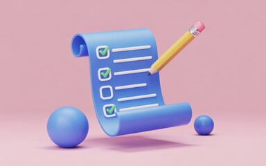 3d checklist illustration with pencil for task management and productivity concept design template