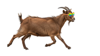 Running Brown Goat Wearing Rainbow Sunglasses Isolated on White