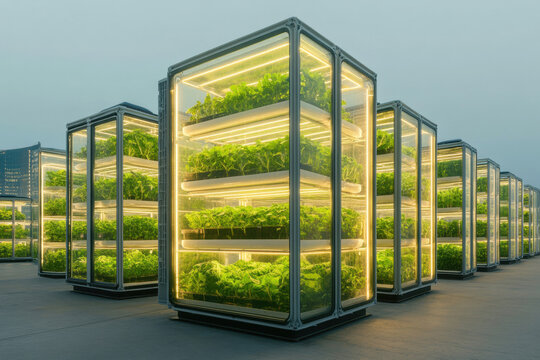 Vertical farming towers with bright LED lights growing fresh green produce in urban setting. Rows of futuristic vertical farms illuminated by warm LED lights, showcasing sustainable agriculture.