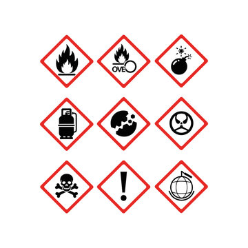A comprehensive collection of nine globally harmonized system (GHS) hazard pictograms, depicting chemical dangers such as flammability, explosion, corrosion,...
