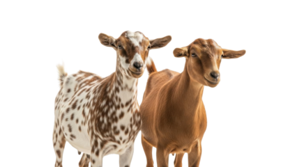 Two brown and white spotted goats standing on a white background