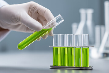 Scientists are conducting experiments in the laboratory by holding liquid test tubes