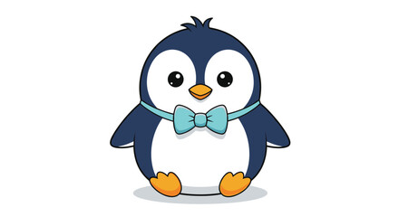 Obraz premium Round and cute cartoon penguin character wearing a light blue bow tie and standing in a friendly pose on a white background.