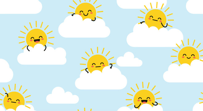 Cheerful seamless pattern of cute yellow suns with happy faces peeking out from behind fluffy white clouds in a blue sky.