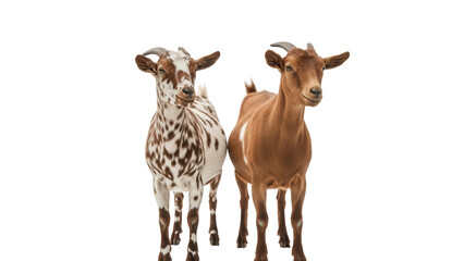 Fototapeta premium Two domestic goats standing, one brown and one spotted, isolated on white background