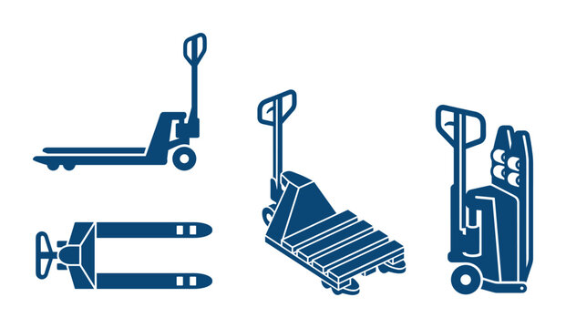 A set of blue pallet jack vectors featuring a manual hand truck, electric jack, and pallet mover. Vector art.