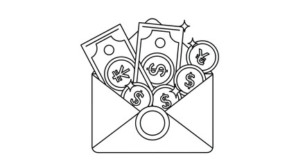 Fototapeta premium Minimalist line art illustration of an open envelope overflowing with cash banknotes and coins featuring dollar and yen currency symbols.