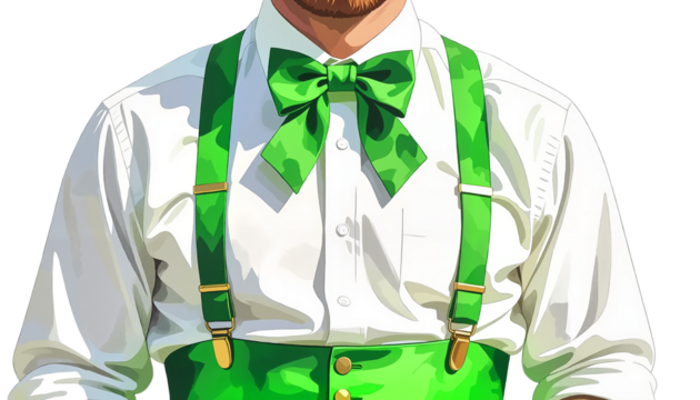 Man in green suspenders with bow tie on a transparent background for St. Patrick's Day - Powered by Adobe