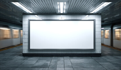 Fototapeta premium High-resolution digital billboard with a blank white display mounted on a tiled wall in an underground sandwich chain station corridor