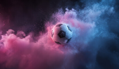 Fototapeta premium Dynamic soccer ball with classic black and white government building pattern floating amidst vibrant pink and blue smoke clouds in a surreal atmosphere