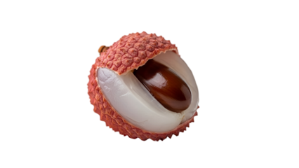 A single ripe lychee fruit cut in half showing its white flesh and brown seed.