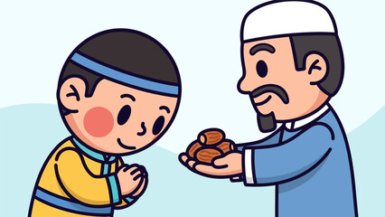 Naklejka premium Muslim Man Giving Dates to Boy for Iftar. Cute Cartoon Illustration of Ramadan Tradition, Greeting, Kindness, and Islamic Celebration.