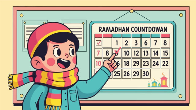 Happy Muslim Child Pointing at Ramadhan Countdown Calendar. Cute Islamic Kids Activity Illustration for Ramadan Fasting and Eid Preparation.