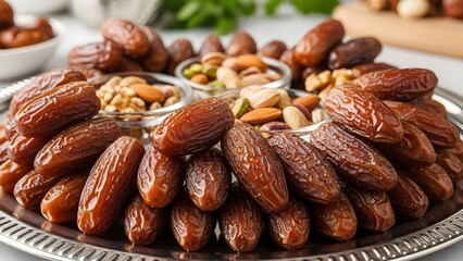 Delicious dates and nuts are arranged on a decorative silver platter for Suhoor during Ramadan