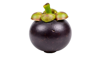 Obraz premium A single ripe mangosteen fruit with its green crown on a white background.