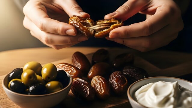 Person preparing dates with olives and yogurt for a healthy snack for Ramadan suhoor