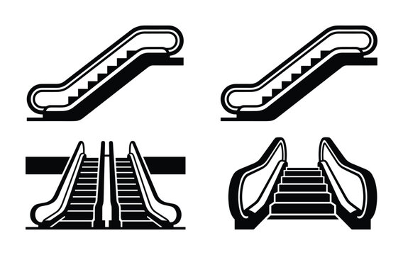 Black and white escalator icon set. Includes side and front views. Moving staircase silhouette design elements.