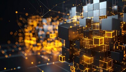 Futuristic glowing cubes assembling from digital grid.