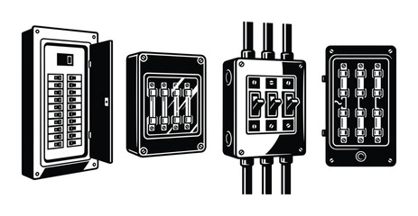 Black and white illustration of electrical fuse box panels, with fuses and switches in line art style.