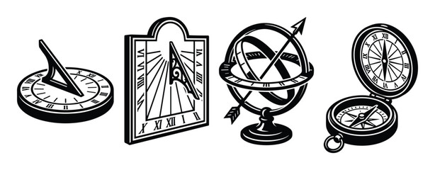 Black and white illustrations of time and direction measurement tools: sundial, compass, armillary sphere.
