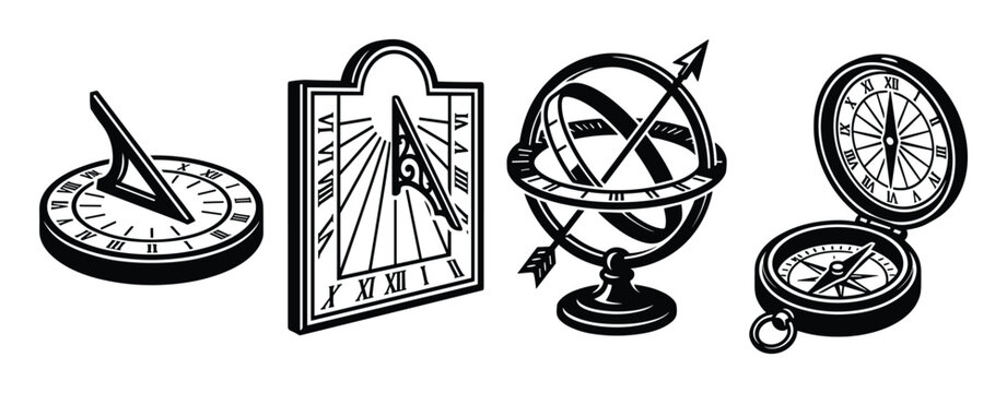 Black and white illustrations of time and direction measurement tools: sundial, compass, armillary sphere.