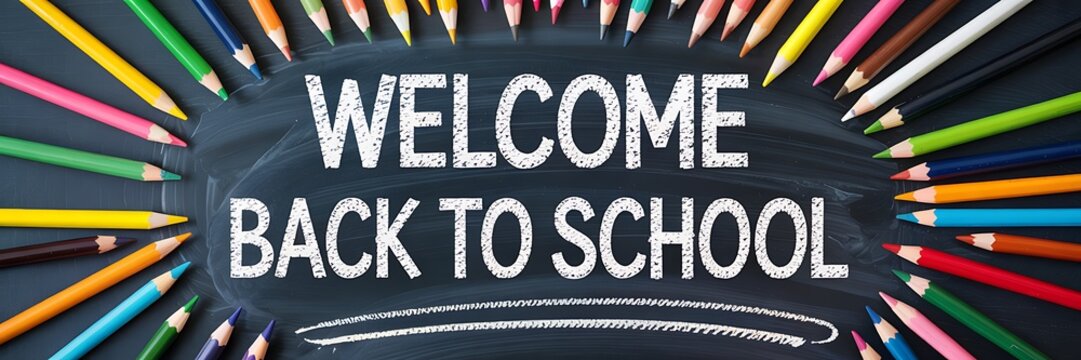 Colorful pencils surround welcome back to school message on chalkboard high quality professional detailed modern elegant stylish clean crisp vibrant digital - Powered by Adobe