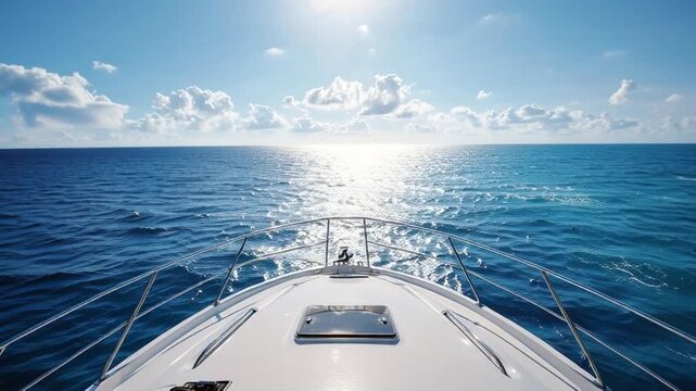 Three friends sailing on a yacht in the open sea with vibrant sunshine and clear blue sky visible from the bow viewpoint in a 4K video