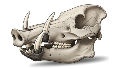 Detailed side view of a weathered wild boar skull with large tusks
