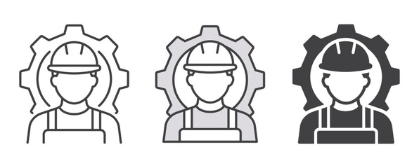 Construction worker and gear icon set. Representing technical service, professional maintenance, industrial workforce, and repair operations. Outline and filled icons collection.
