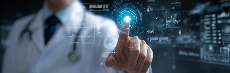 High-tech medical technology concept featuring a doctor interacting with holographic digital health interface with digital icons and data visualization