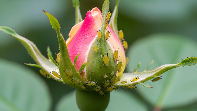 Rosebud with aphids surrounded by green leaves in garden  