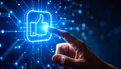 Human hand reaching toward glowing thumbs up icon surrounded by digital circuit lines in tech space