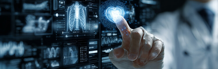 High-tech medical technology interface with a doctor's hand interacting with a futuristic digital touchscreen displaying detailed human lung scans and health data