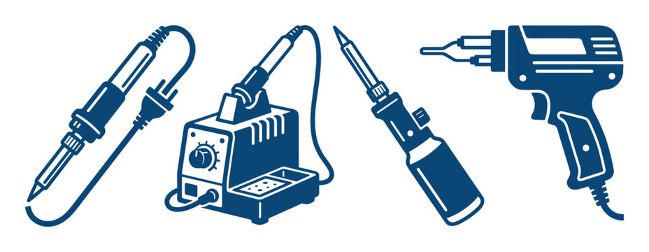 Blue vector art collection of soldering irons, including station iron, solder gun, gas iron and temperature control unit