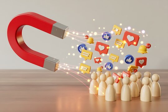 A large red magnet attracting social media icons towards people high quality professional detailed modern elegant stylish clean crisp vibrant colorful