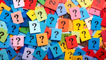 Colorful sticky notes with question marks scattered overlapping vibrant tones symbolizing curiosity and inquiry