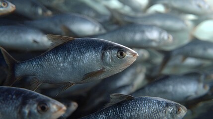 A school of silvery fish swims in synchronized motion underwater illuminated by soft light with detailed scales