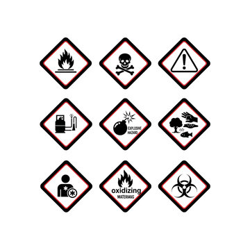 A grid displaying nine globally harmonized system hazard pictograms for chemical safety and environmental warnings.