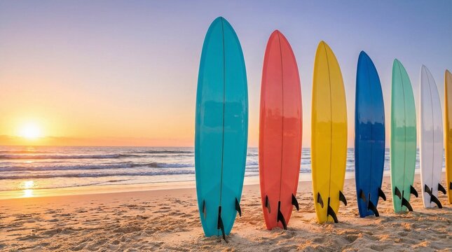Colorful surfboards lined on sandy beach against sunset ocean waves   - Powered by Adobe
