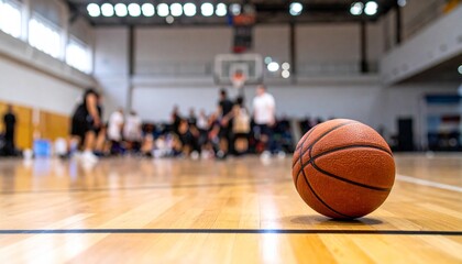 Basketball on court floor with blurred players