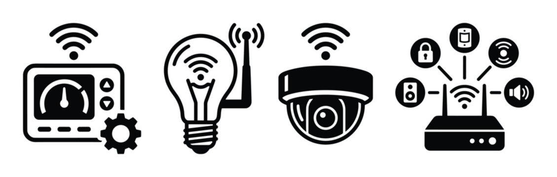Collection of smart home icons, representing connected devices, control and automation for modern lifestyle.
